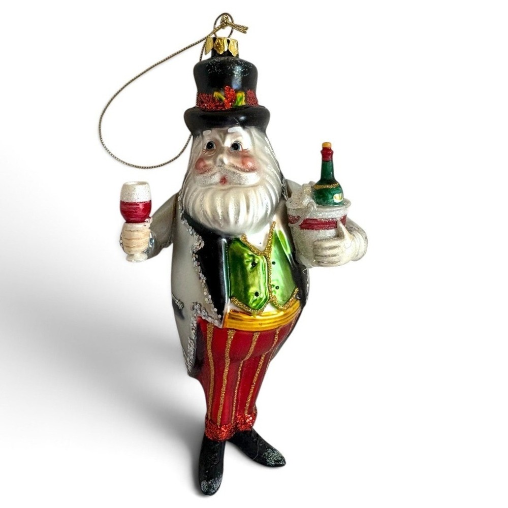 BestPysanky Sommelier Santa Glass Christmas Ornament Wine Bottle Top Hat